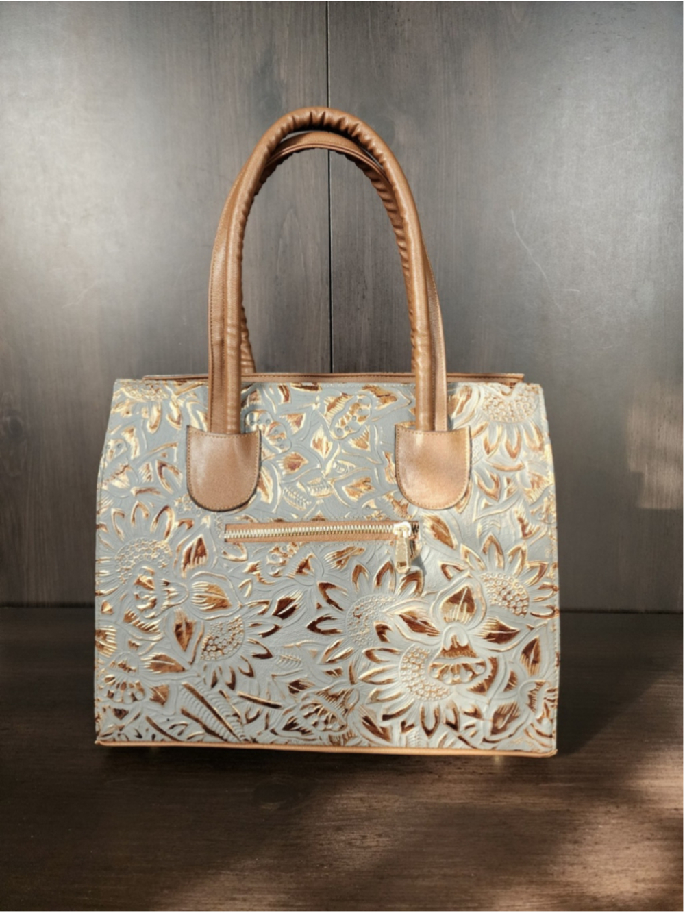 Sunflowers Blue Gray Bronze Stitched Embossed Tooled Artisan LEATHER Bag Purse - Picture 6 of 16
